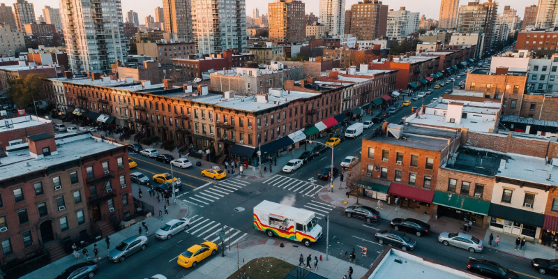 Aerial view of urban city streets showing the neighborhoods where our taco truck operates