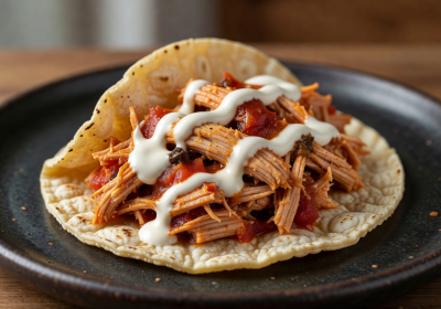 Chicken tinga taco with chipotle-tomato braised chicken and crema