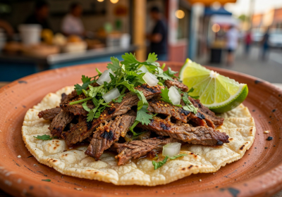 Classic street taco with seasoned carne asada, fresh cilantro, onion, and lime on corn tortilla