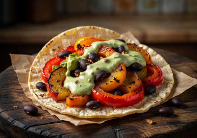Grilled vegetable taco with roasted peppers, squash, black beans, and avocado crema