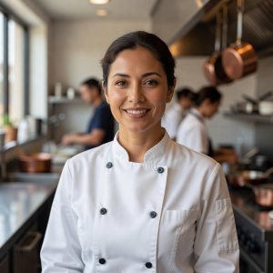 Portrait of Maria Reyes, founder and head chef, smiling in her chef coat