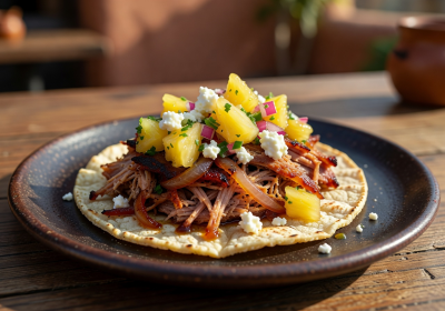 Pulled pork carnitas taco with caramelized onions, fresh pineapple salsa, and queso fresco