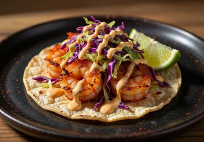 Spicy shrimp taco with cabbage slaw, chipotle aioli, and fresh lime wedge