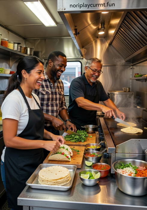 Friendly taco truck team preparing fresh tacos on a sunny urban street with colorful murals in background