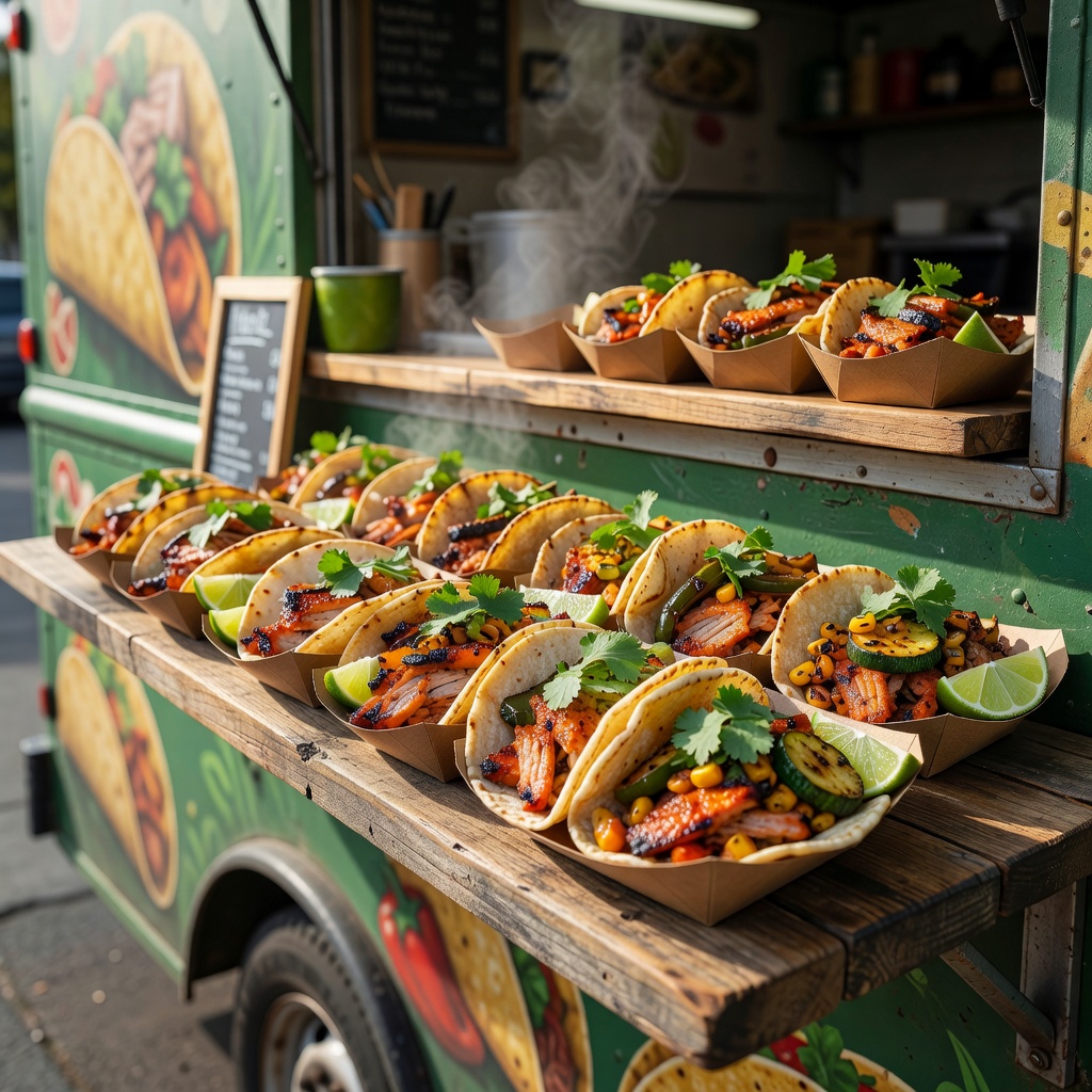 Vibrant street tacos with fresh cilantro, lime, and grilled vegetables served from an eco-friendly taco truck